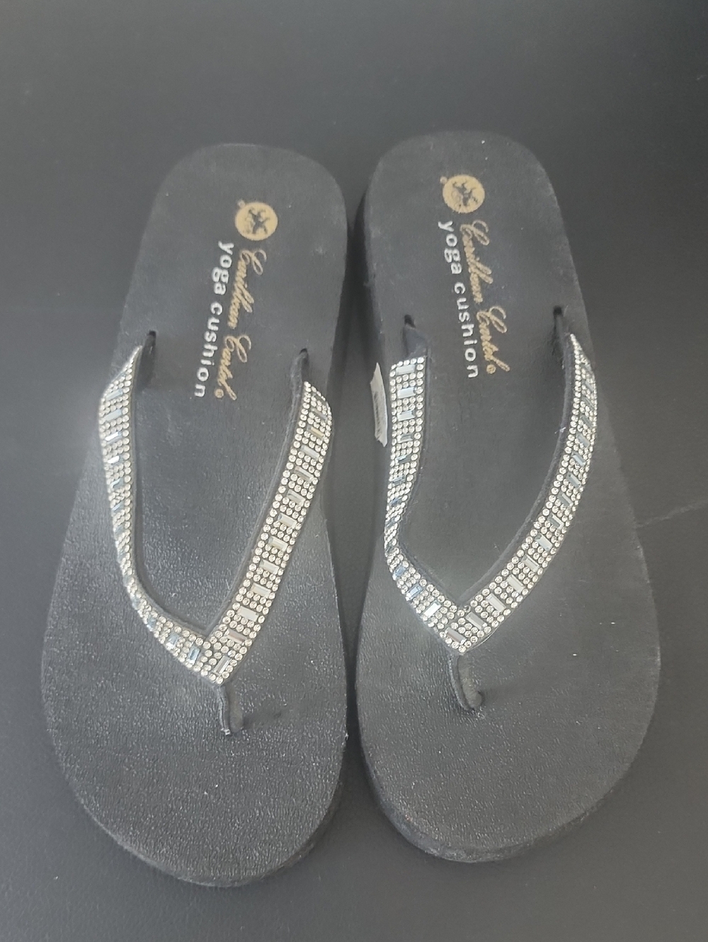Corkys Black Flip Flop Sandals with Silver Rhinestone Straps